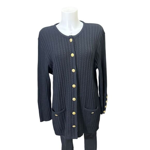 Louis Feraud Black Cable Knit Wool Cashmere Cardigan Vintage Chunky Button sz 12 - Picture 1 of 9